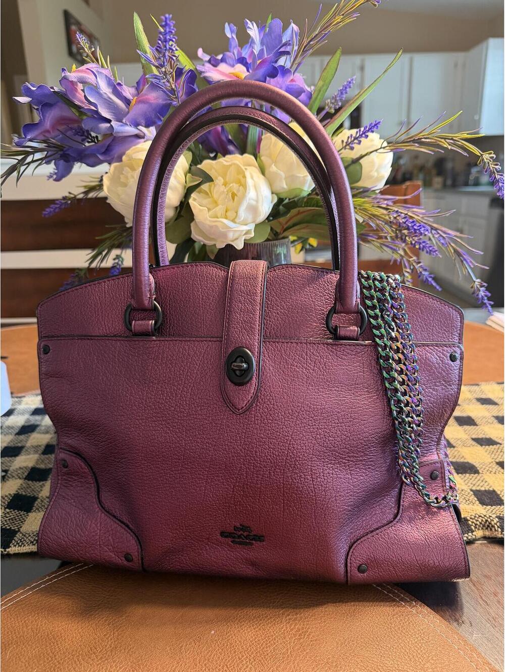 Coach Mauve Purple Metallic Leather Satchel Handbag with Chain Strap